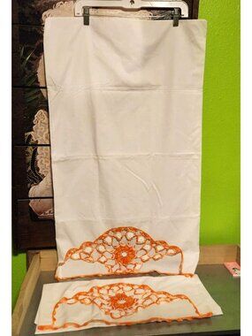Two New Without Tags Standard Size White with Orange Crochet Pillowcases